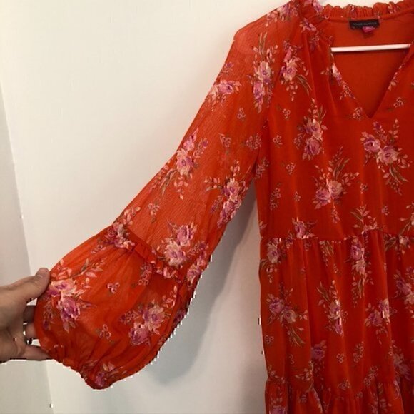 VINCE CAMUTO Floral Print Long Sleeve Split V-Neck Tiered Shift Dress Orange XS - Picture 6 of 12